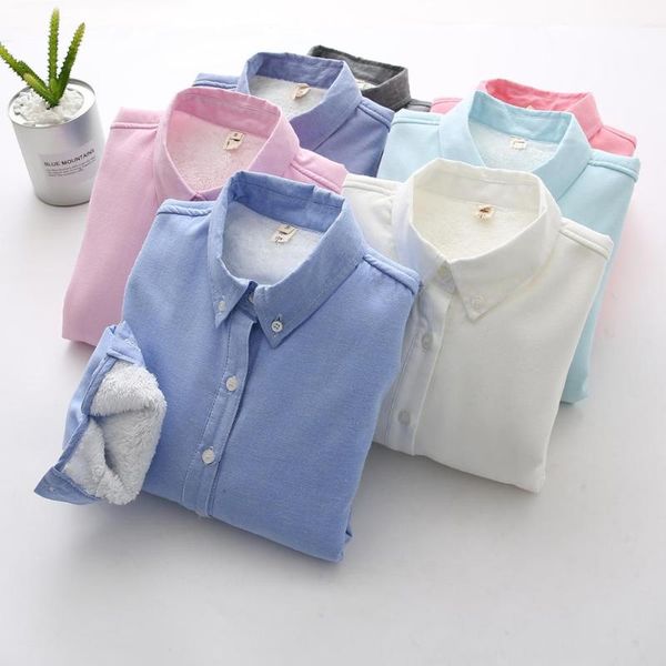 

women's blouses & shirts 2021 autumn and winter plus velvet shirt candy color lamb thick warm bottoming clothes pure colour, White