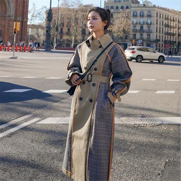 

women's trench coats double-sided windbreaker mid-length plaid stitching clothes 2021 spring and autumn loose long coat, Tan;black