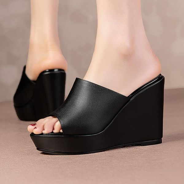 

brand summer women fish mouth slippers high-heeled shoes genuine leather cowhide sandals platform, Black