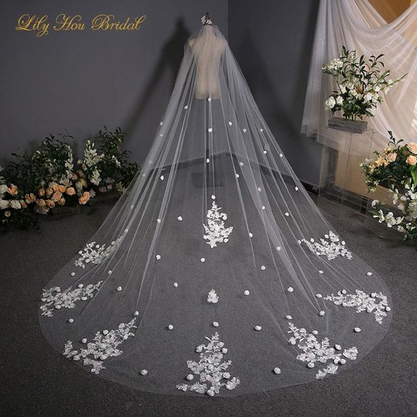 

bridal veils 3d flowers embellished 3m long one layer soft tulle wedding veil with charming colored lace appliques, Black