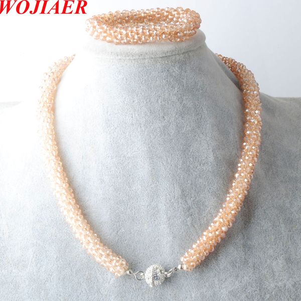 

wojiaer pink black woven crystal faceted beads stretch bracelet cz magnetic hematite clasps necklace matching sets jewelry c029