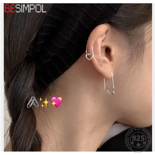 

besimpol real 925 sterling silver pin earrings korean stylish heart stud jewelry for women fashion fine girls' gifts, Golden;silver