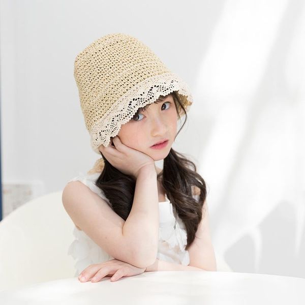 

caps & hats girls accessories straw hat bow lace tie adjustable sun summer sunscreen cap for kids children wholesale, Yellow