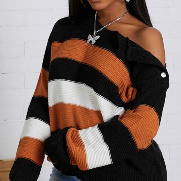 

women's sweaters woman striped sweater winter long-sleeve 2021 oversize off shoulder knitted warm casual o neck female jumpers, White;black