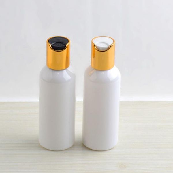 50 Stück 80 ml weiße Farbe runde leere Kunststoff-Shampoo-Flasche Goldscheibe mit oberer Kappe, PET nachfüllbare Körperlotion-Creme-Flaschen gut