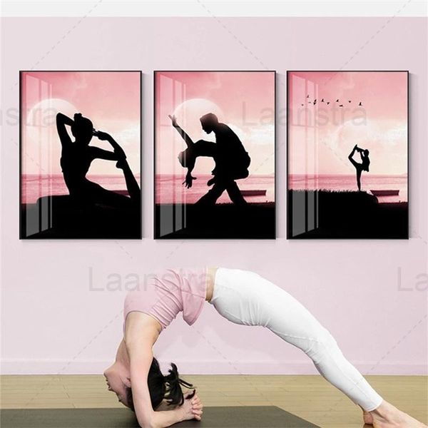

paintings modern painting pink sky yoga woman shadow beauty figure landscape canvas poster wall art nordic gym studio club home decoration