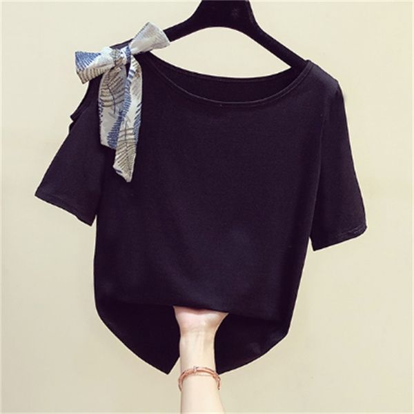 

t shirt summer t shirts for women korean style shoulder floral scarf bow short sleeve round collar t-shirt women's tees, White