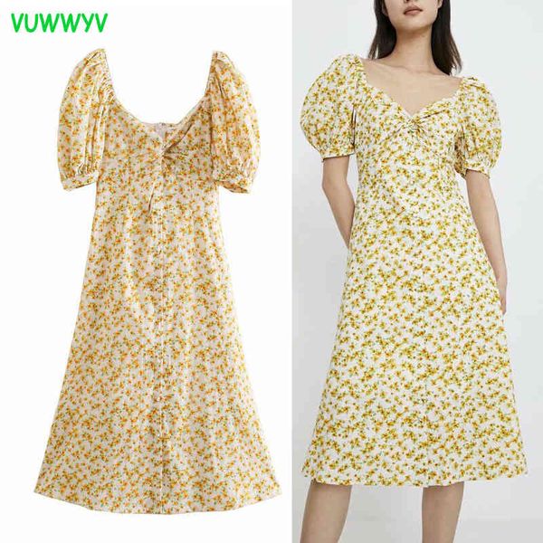 

chic prairie floral midi dress women summer retro slim party woman short lantern sleeve front button elegant gowns 210430, Black;gray