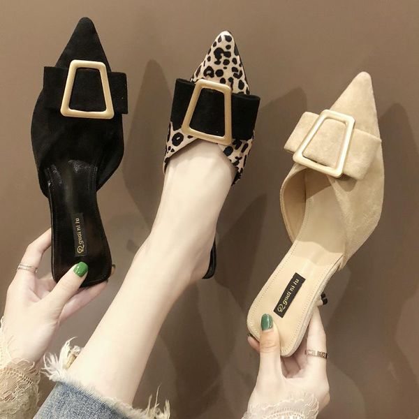 

slippers brand women flat slip on mules leopard shoes slides home low heel ladies fashion, Black