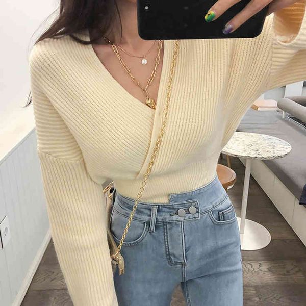 

hoodie minimalist short-mesh ladies jumpers 2021 autumn female sweater with cleavage in v pullovers, Black
