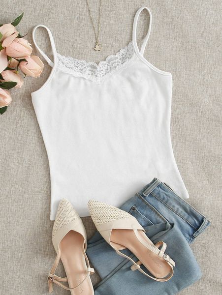 

lace trim rib knit cami s9f2#, White