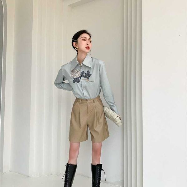 

women's two piece pants floral embroidered and blouse mint green shirt long sleeve button up collar korean fashion autumn jhtj, White