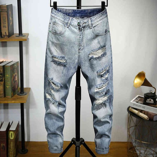 

jeans men's light-colored skinny feet knee ripped hip-hop street fashion denim trousers, Blue