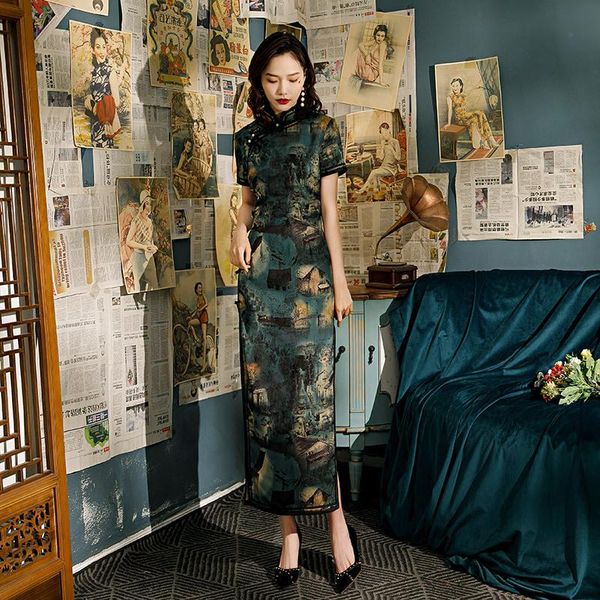 

ethnic clothing print lady satin cheongsam madarin collar chinese evening party dress gown high split qipao vintage button sheath vesti, Red