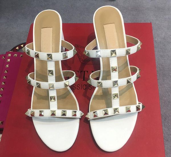 

classics women slipper v brand rivets sandal genuine leather square heel sandals 6cm thick half slippers 35-42 dust bag, Black