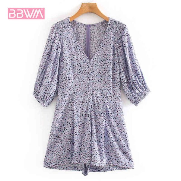 

french v-neck sweet vintage purple floral chic women's jumpsuit harajuku long sleeve sun zipper vacation female jumpsuit 210507, Black;white