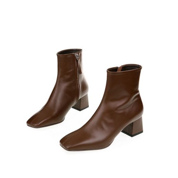 

boots autumn women's square head leather thick heel zipper anti slip warm solid color middle tube, Black