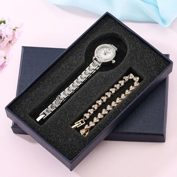 

wristwatches keller & weber brand 2pcs set casual watches for women rhinestone bracelet ladies wrist clock simple gift female, Slivery;brown
