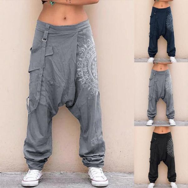 

men's pants men casual elastic tail baggy broek long harem boho laagbouw drop cross retro loose print clothing 2021, Black