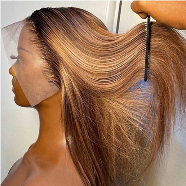 Zoll Highlight 30 farbige vordere Straight Human Hair Perücken vorgezogen Ombre Honig Blonde Spitze Frontaler Perücken für Frauen Bob S0826 Al