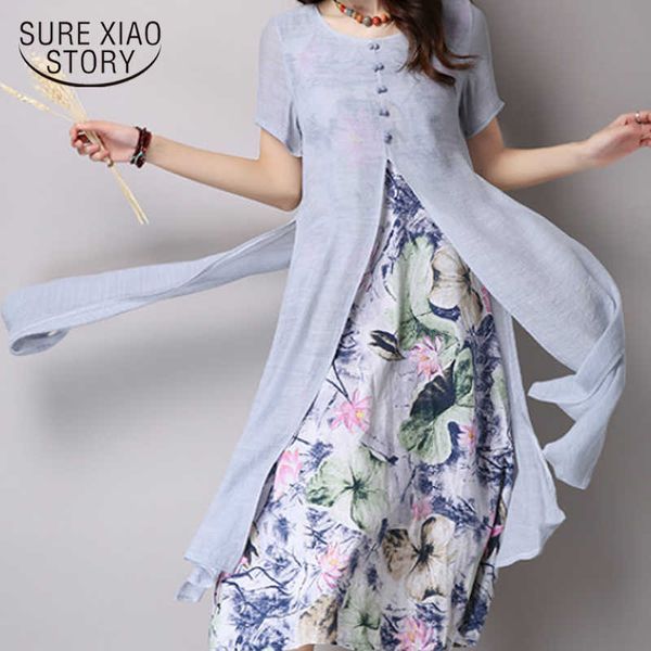 Vestido de linha de algodão impressão O-pescoço vestidos de festa plus size mulheres vestido de verão mulheres estilo chinês casual solto 3701 50 210528