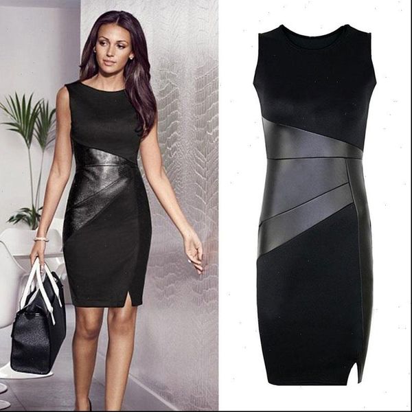 

5xl womens dresses fall plus size party dress women faux leather splice ol black pencil o neck sleeveless elegant slim, Black;gray