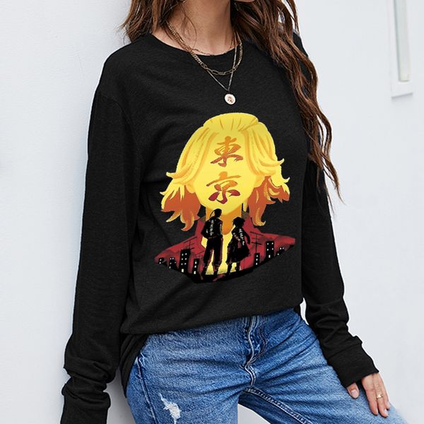 

women long sleeve t-shirts anime manga pattern printing street wear hip pop ladies casual sport loose tees autumn round neck pullovers, White
