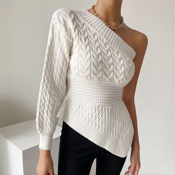 

women's sweaters irregular off shoulder women sweater autumn 2021 pullover diagonal collar half sleeves white knitting, White;black