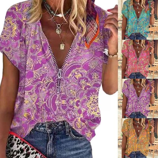 

women's t-shirt fashion loose casual floral print short sleeves v-neck shirt vintage summer printed zipper plus size tshirt a6j2, White