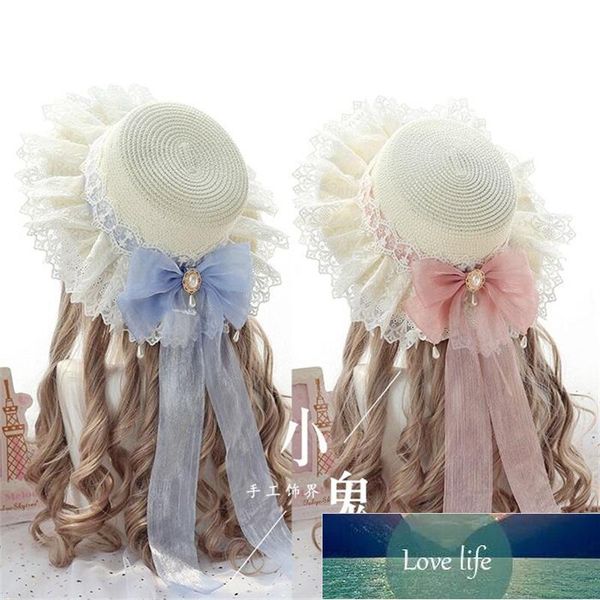 Kawaii Principessa Mori Ragazza Estate Cappelli di paglia Donna Spiaggia Cappello da sole Lolita giapponese Fiocco in pizzo Nastro tondo piatto Top Copricapo femminile Tesa larga Prezzo di fabbrica design esperto