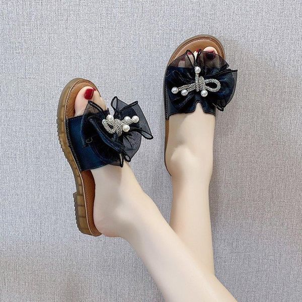 

slippers women slip on ladies butterfly knot lace casual shoes woman pu leather crystal fashion summer flats shoe, Black