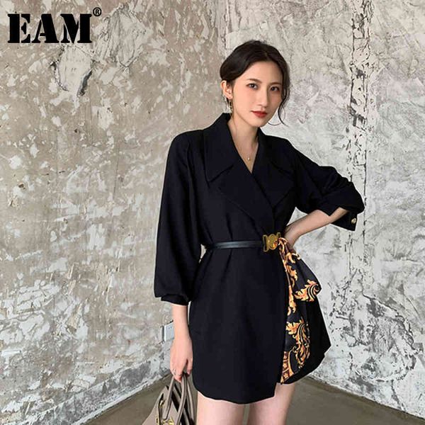 

[eam] women black printed stitch irregular blazer lapel long sleeve loose fit jacket fashion spring autumn 1x5710 21512, White;black