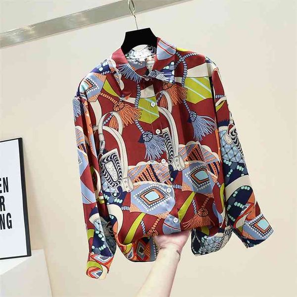 

spring autumn women's blouse retro slimming all-match printed shirt korean style long-sleeved casual female ll303 210506, White