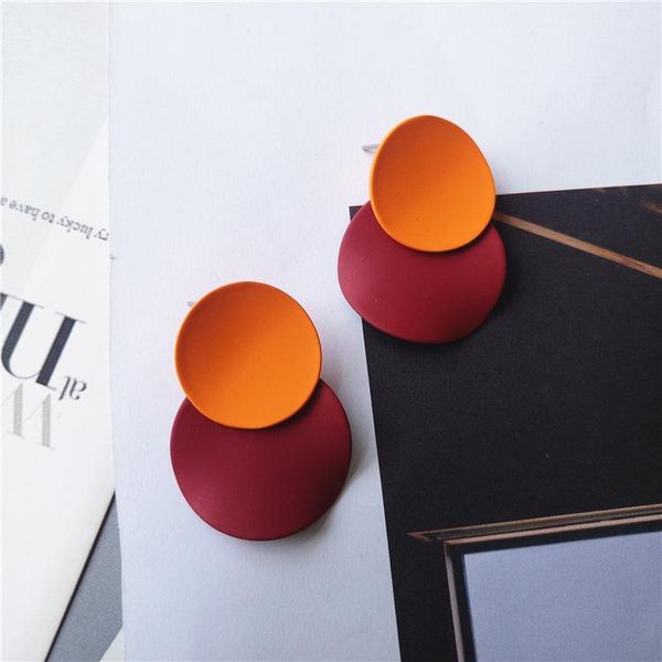 

temperamental trendy women two round matte simple contrast color splice earrings dangle & chandelier, Silver
