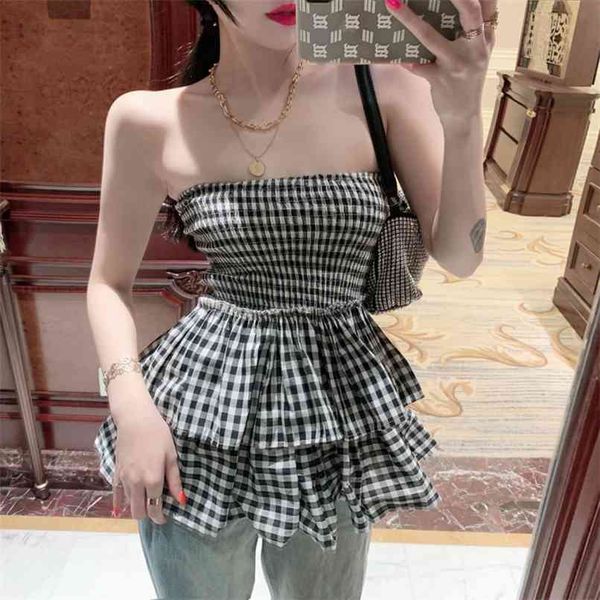 

and sweet two-wear ruffled plaid skirt slim tube women summer fashion women's clothing dress 210520, White