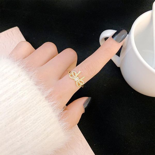 

wedding rings allme sweet shinning rhinestones bowknot for women brass gold color cros knotted adjusting ring temperament accessories, Slivery;golden