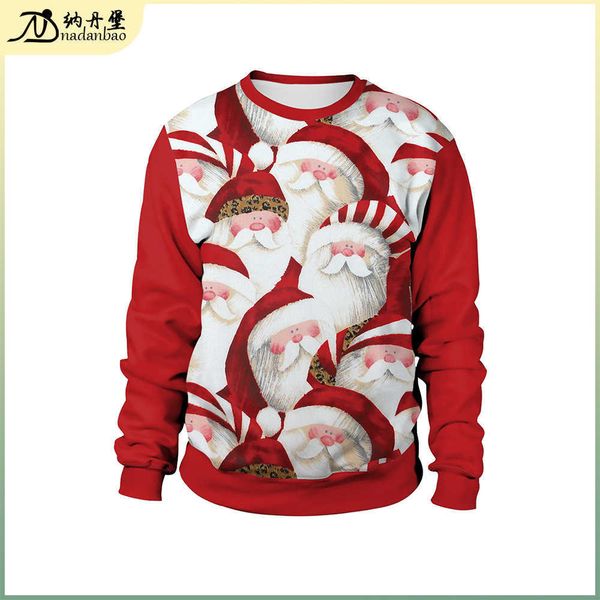 

santa claus digital print pullover round neck christmas couple sweater, Black