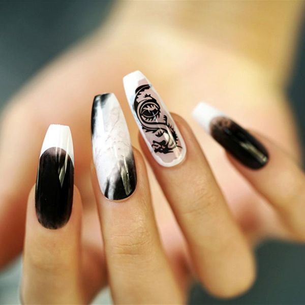 

false nails 24pcs/set long coffin fake dragons pattern white decal full cover ballerina nail art tips with glue artificial tip, Red;gold