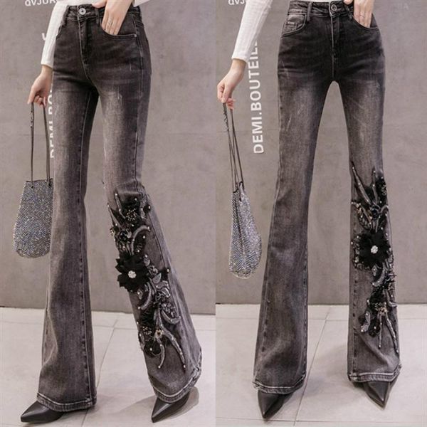 

women's jeans women fashion diamond flare pants chic folwer embroidery high waist wide leg female black plus size trousers, Blue