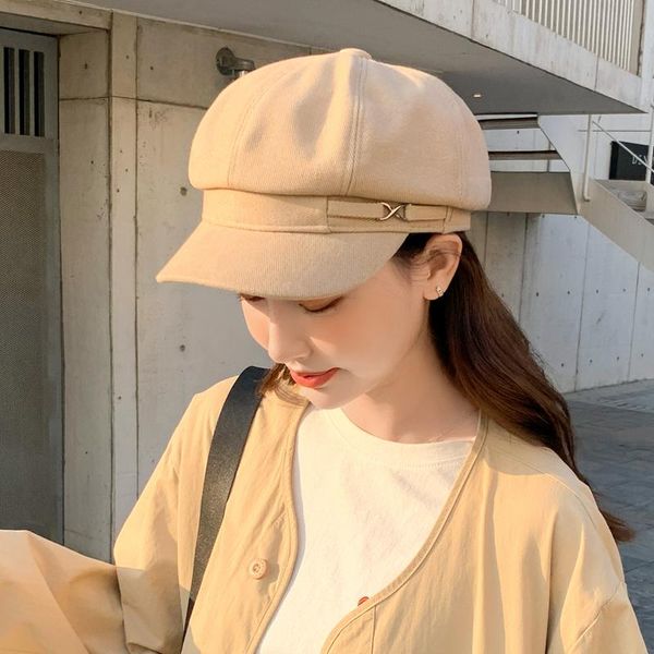 

stingy brim hats women octagonal french artists keep warm winter beanie hat girls solid color street fashion all-match cap flat caps, Blue;gray