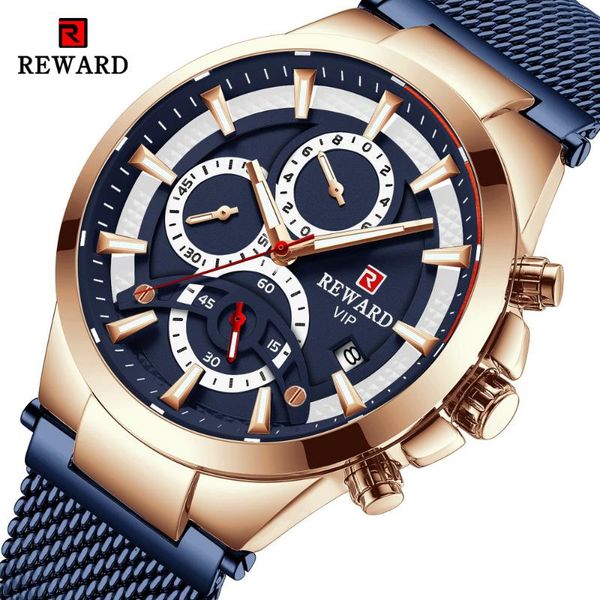 

wristwatches reward watch men stainless steel quartz sport wrist waterproof mens chronograph fashion date watches, Slivery;brown