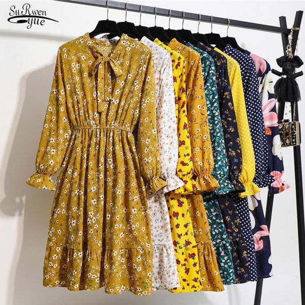 

korean style long sleeve women dress vintage floral chiffon elastic high waist for midi vestidos 9113 50 casual dresses, Black;gray
