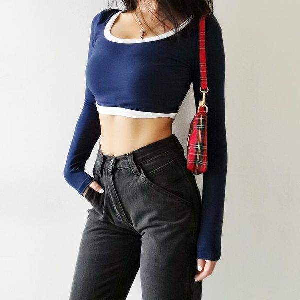 

women's t-shirt women contrast neck and edge super crop slim, White