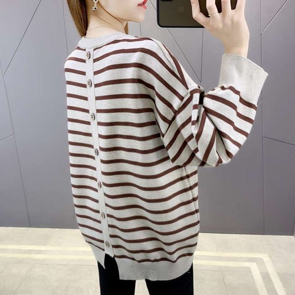 

autumn and winter round neck color matching stripe back sweater loose, White;black