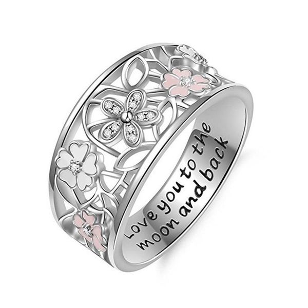 

wedding rings elegant silver color hollow flower pattern fashion jewelry pink white ornament party statement, Slivery;golden