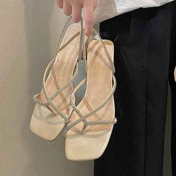

sandals slippers women shoes summer wear 2021 fashion simple rhinestone mid-heel thick-heeled roman woman medium heel, Black