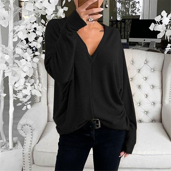 

women's blouses & shirts 40# office lady solid color blouse women elegant v-neck long sleeve pullover tunic casual plus size top, White
