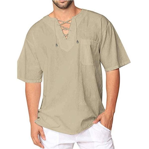 

men's t-shirts 2021 linen v neck bandage t shirts male solid color long sleeves casual cotton tshirt m-3xl, White;black
