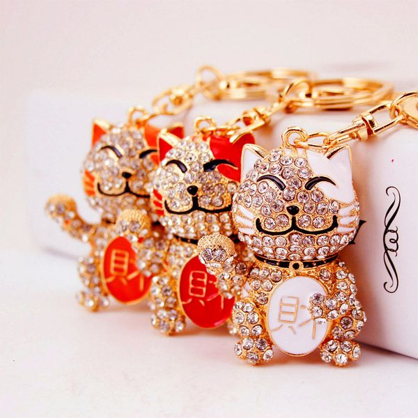 

souvenir chinese style creative lovely diamond crystal zhaocai cat car key chain kitten metal pendant