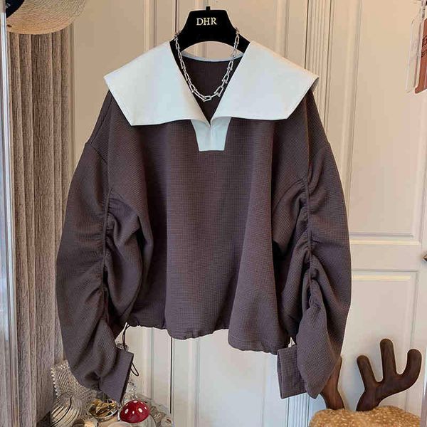 

women's hoodies & sweatshirts [ewq] retro navy collar waffle pleated sweatshirt long sleeve korean loose bubble black female 16e4697 az